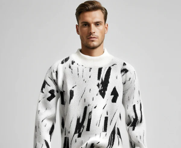 Julius Men’s Pullover Sweater – Fluffy Knit Abstract Pattern Jumper