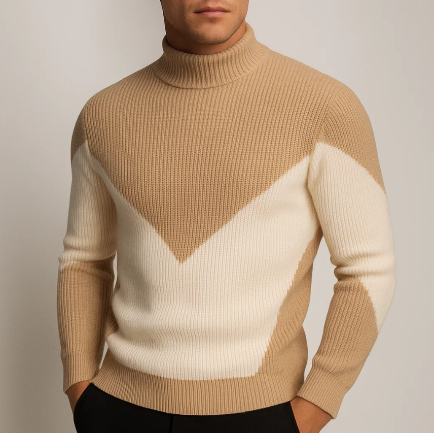 Bruno Men’s Knit Sweater – Ribbed Cotton Chevron Turtleneck Pullover