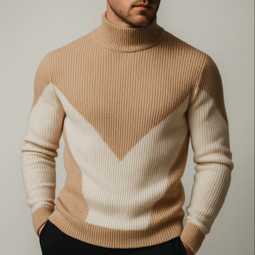 Bruno Men’s Knit Sweater – Ribbed Cotton Chevron Turtleneck Pullover
