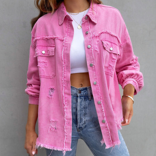 Moira Fringed Denim Jacket – Women’s Oversized Lightweight Jacket with Distressed Hem
