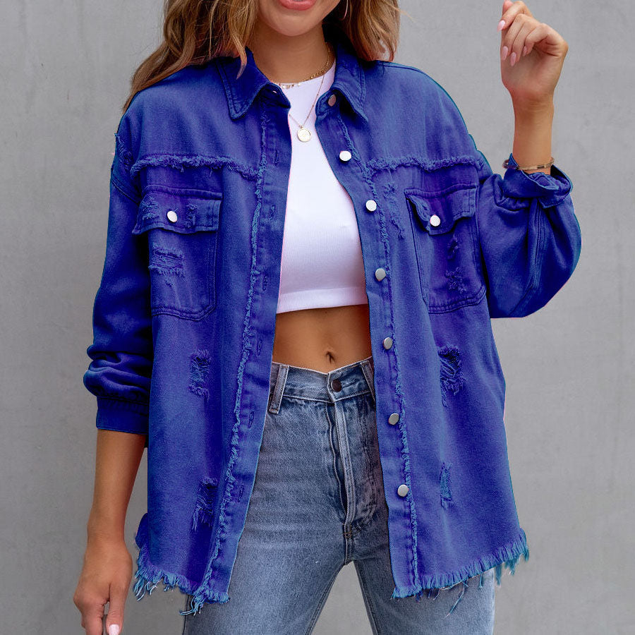 Moira Fringed Denim Jacket – Women’s Oversized Lightweight Jacket with Distressed Hem