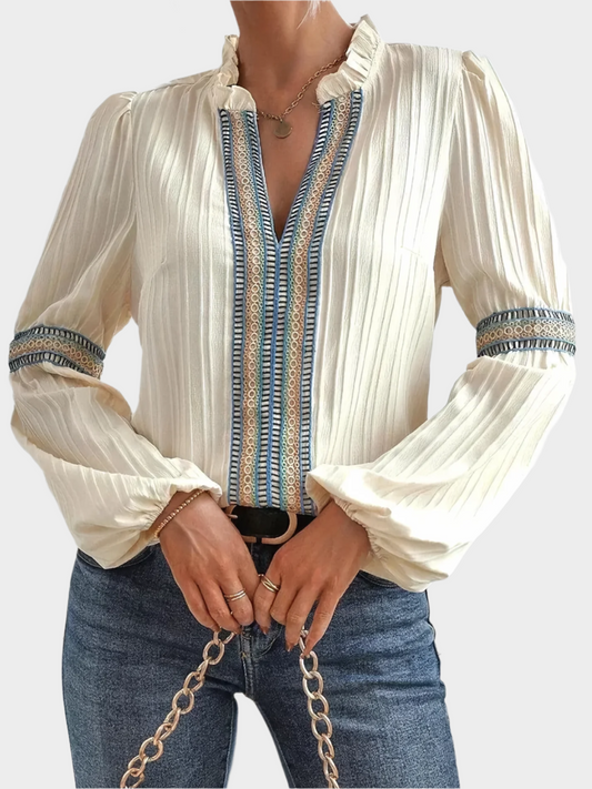 Casandra Textured V-Neck Blouse – Romantic Women’s Top with Balloon Sleeves