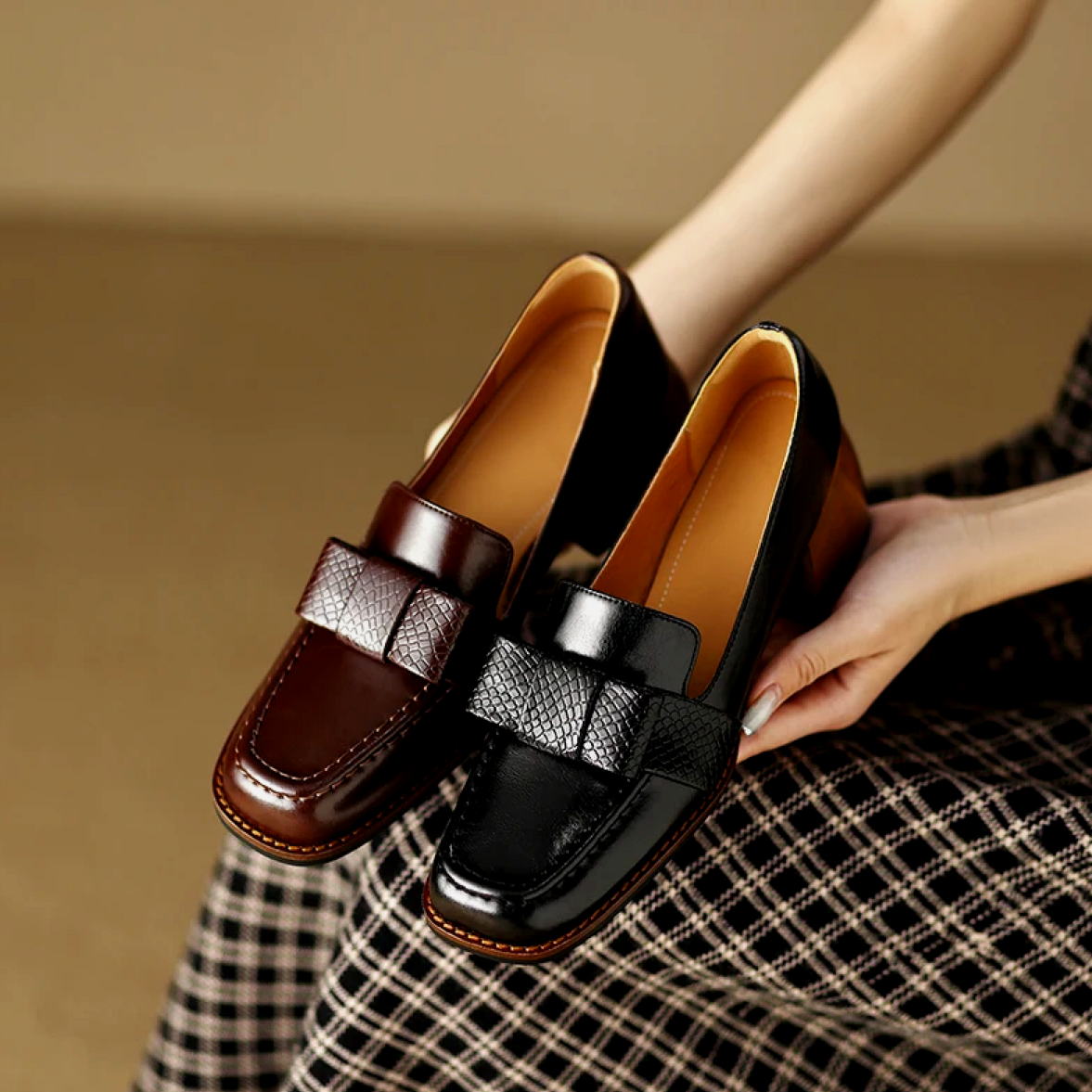 Luciana Women's Leather Loafers – Italian Square Toe Mid-Heel Women’s Shoes