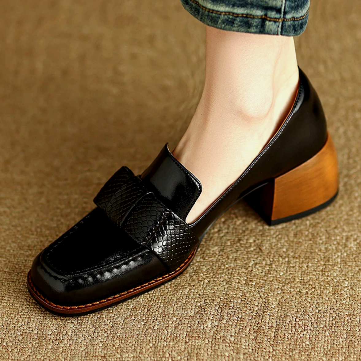Luciana Women's Leather Loafers – Italian Square Toe Mid-Heel Women’s Shoes