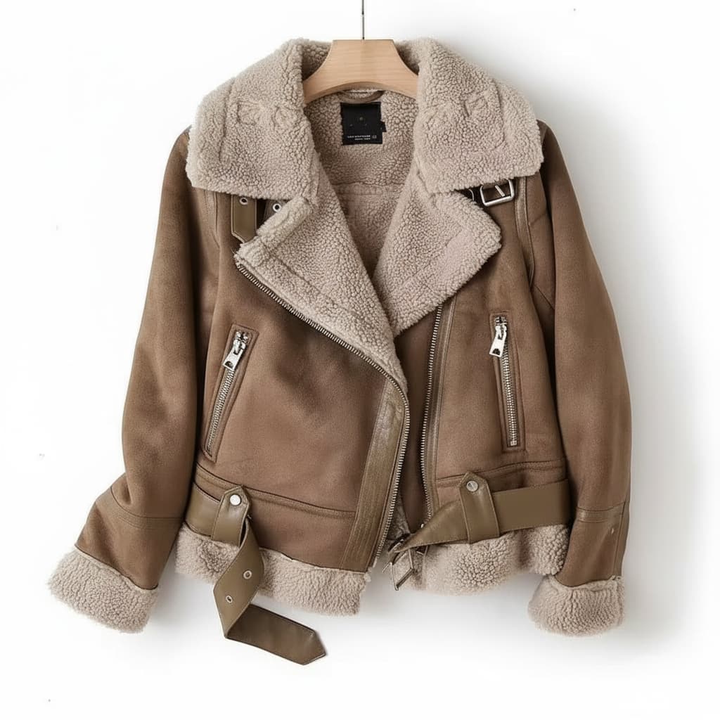 Corene Women’s Suede Jacket – Belted Waist Aviator Shearling Jacket