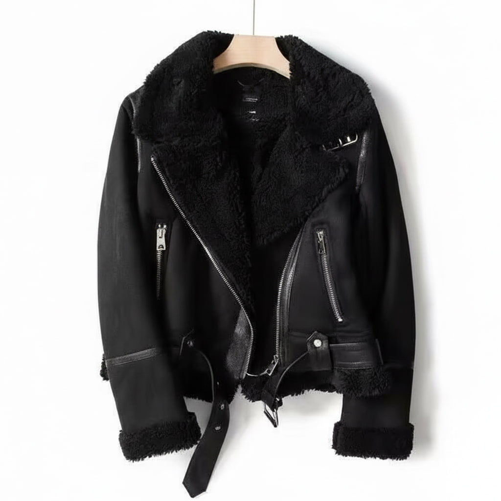 Corene Women’s Suede Jacket – Belted Waist Aviator Shearling Jacket