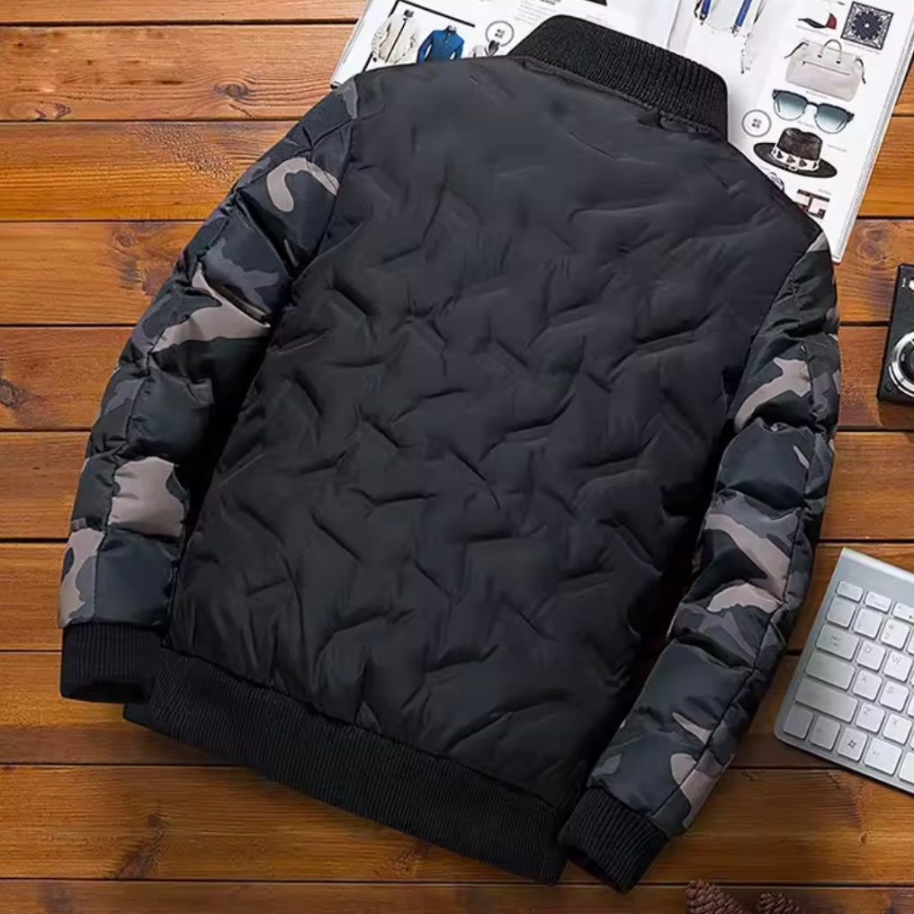 Tennyson Men’s Puffer Jacket – Quilted Body with Camouflage Sleeves