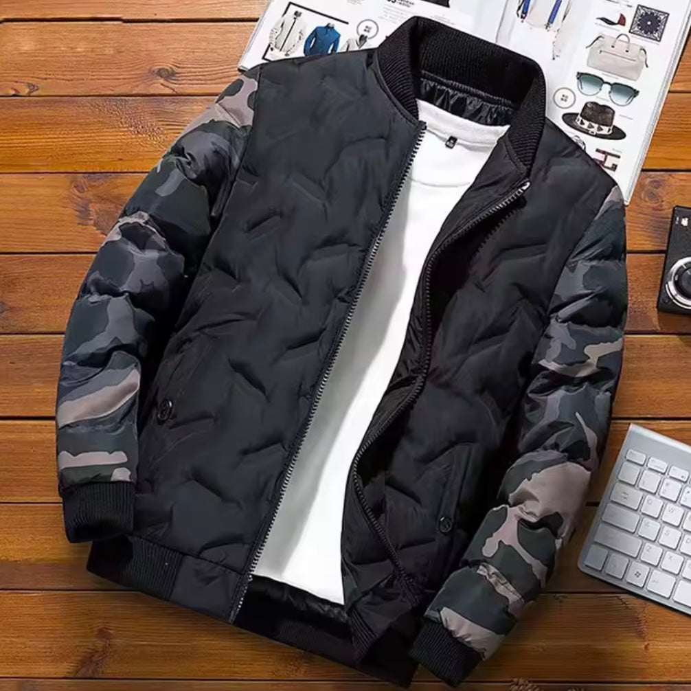 Tennyson Men’s Puffer Jacket – Quilted Body with Camouflage Sleeves
