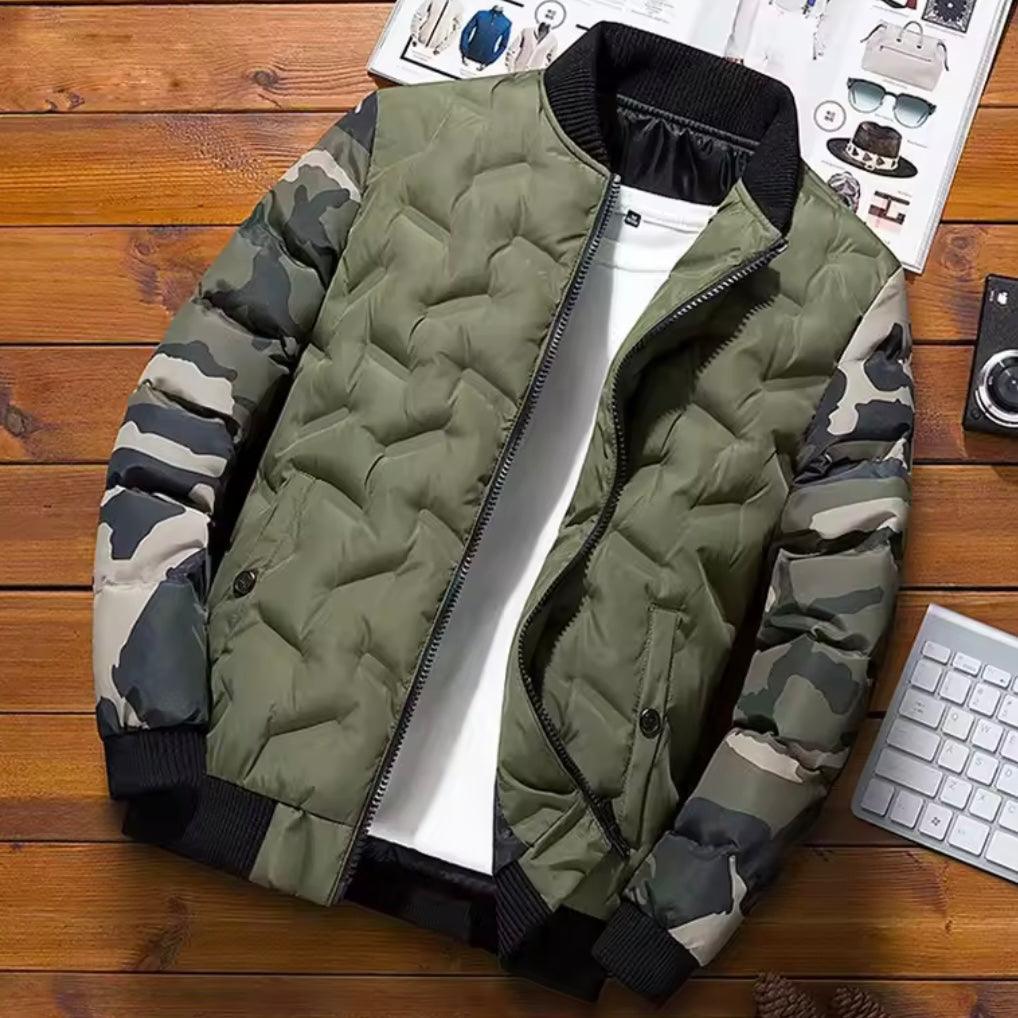 Tennyson Men’s Puffer Jacket – Quilted Body with Camouflage Sleeves