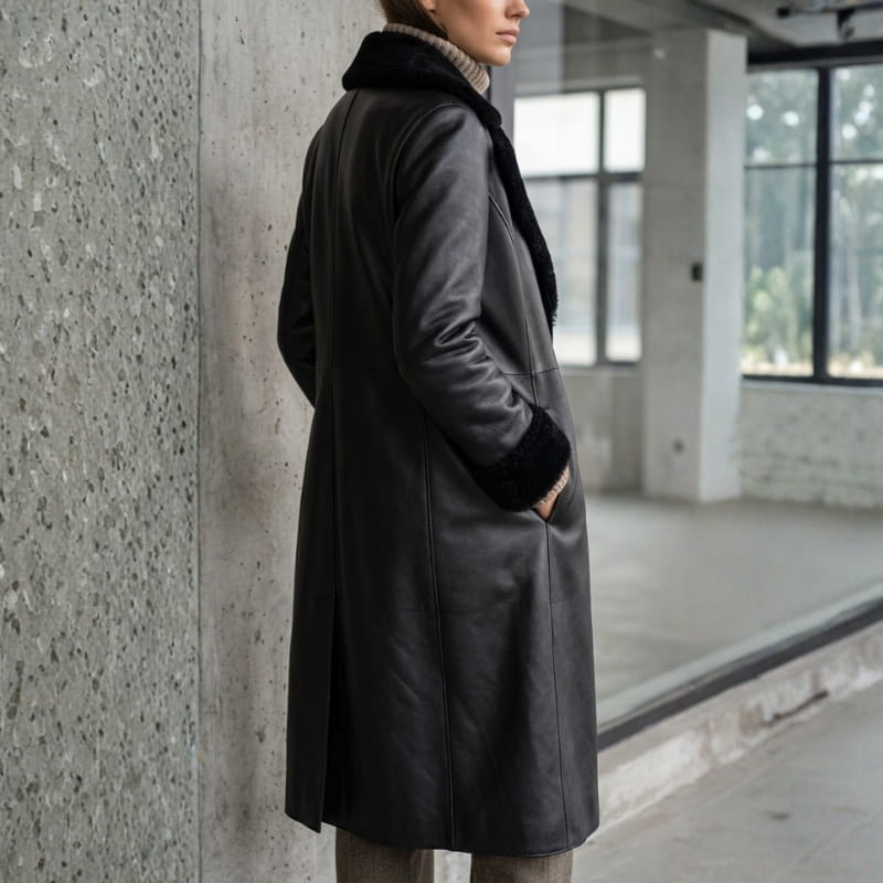 Amber Women’s Leather Trench Coat with Fur Trim