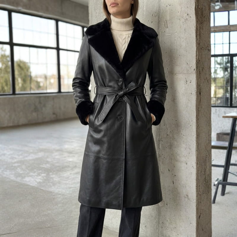 Amber Women’s Leather Trench Coat with Fur Trim