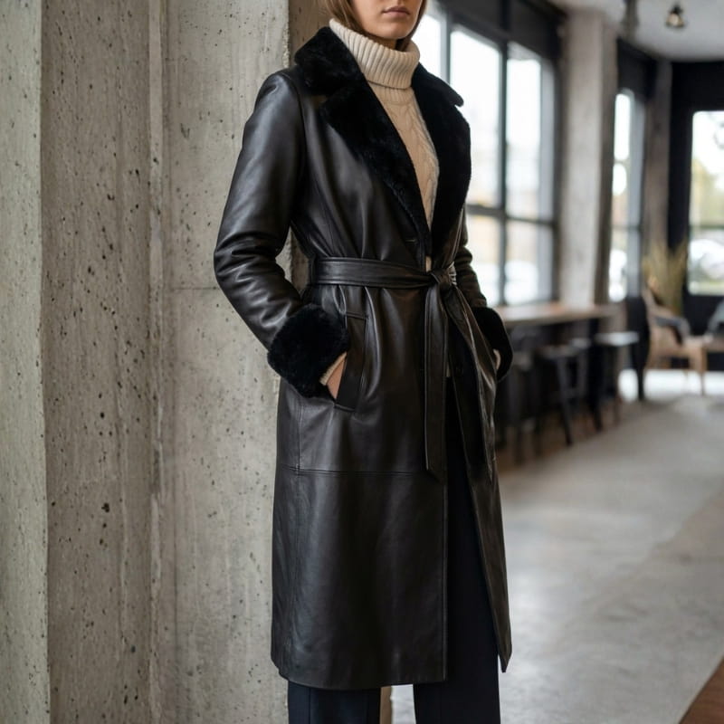 Amber Women’s Leather Trench Coat with Fur Trim