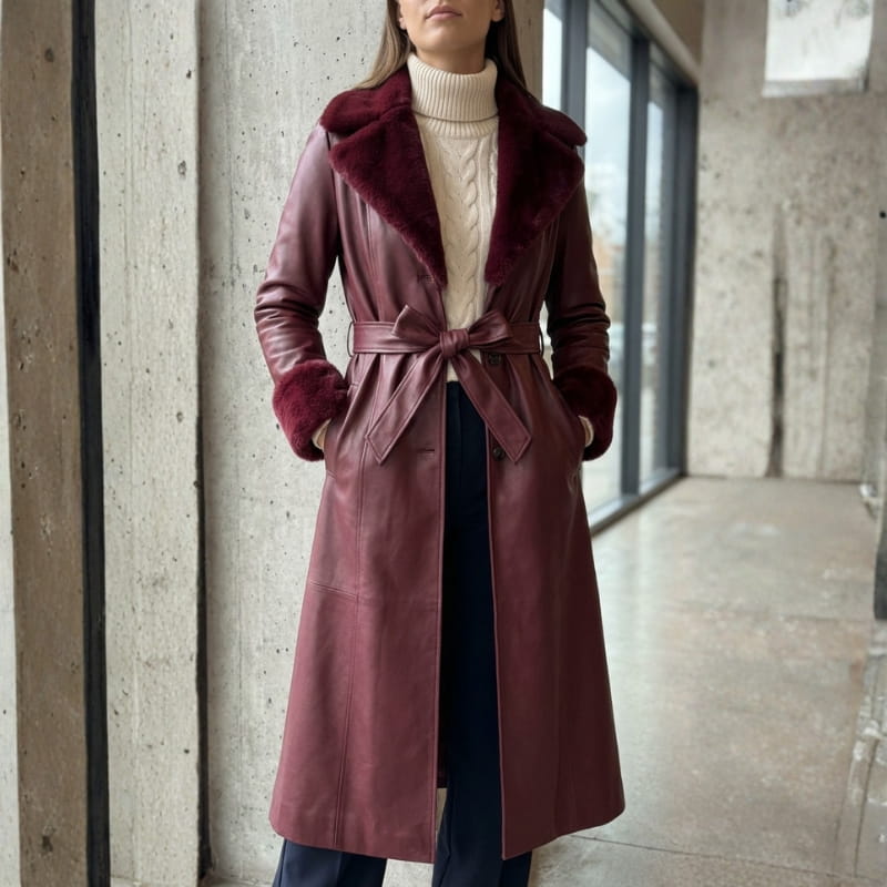 Amber Women’s Leather Trench Coat with Fur Trim