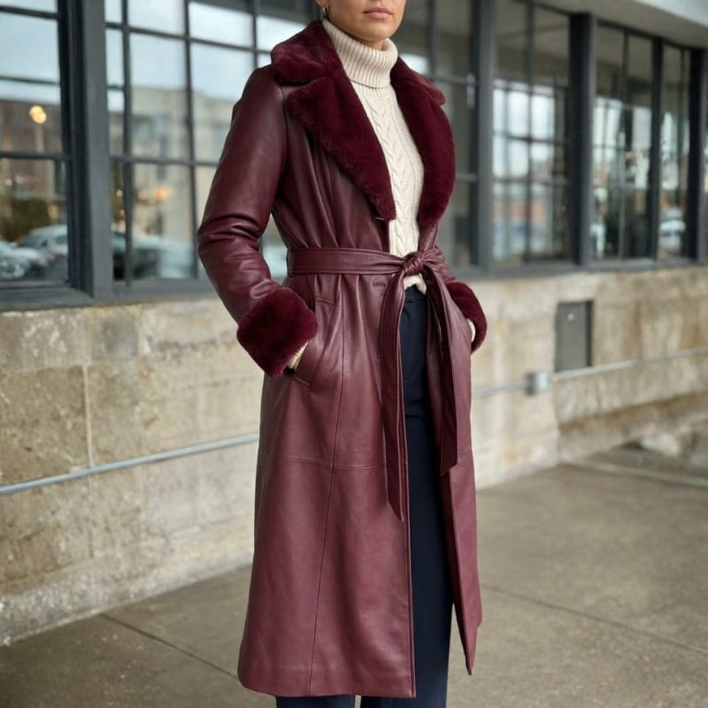 Amber Women’s Leather Trench Coat with Fur Trim