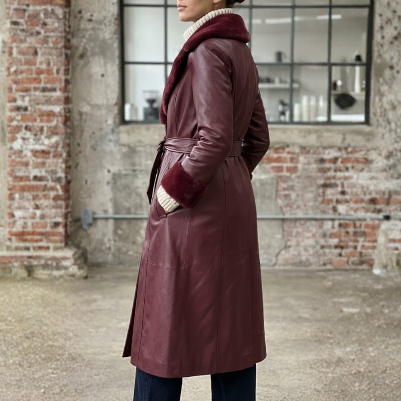 Amber Women’s Leather Trench Coat with Fur Trim