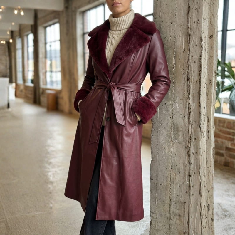 Amber Women’s Leather Trench Coat with Fur Trim