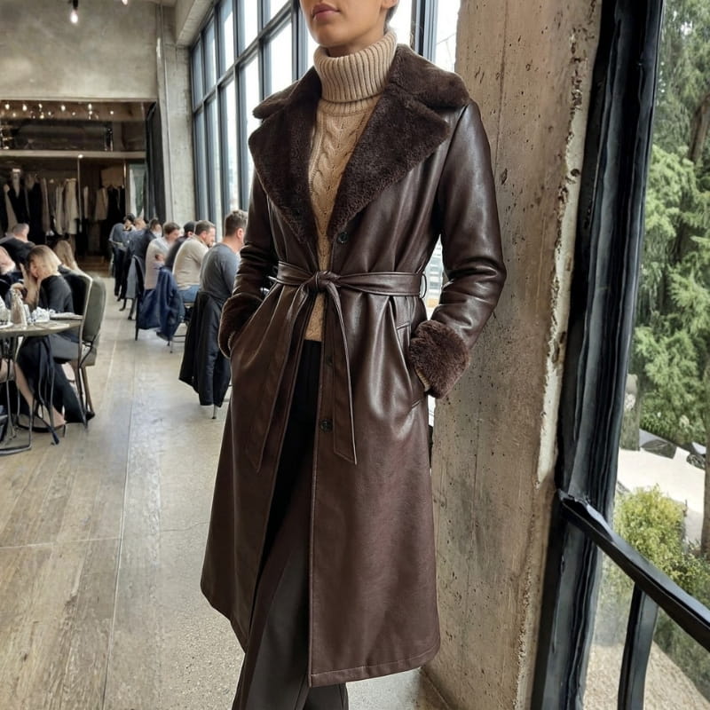 Amber Women’s Leather Trench Coat with Fur Trim