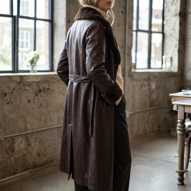 Amber Women’s Leather Trench Coat with Fur Trim