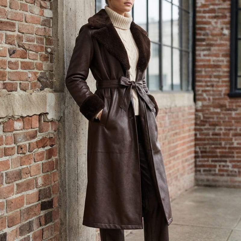 Amber Women’s Leather Trench Coat with Fur Trim
