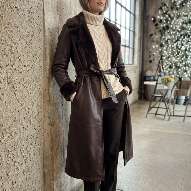 Amber Women’s Leather Trench Coat with Fur Trim