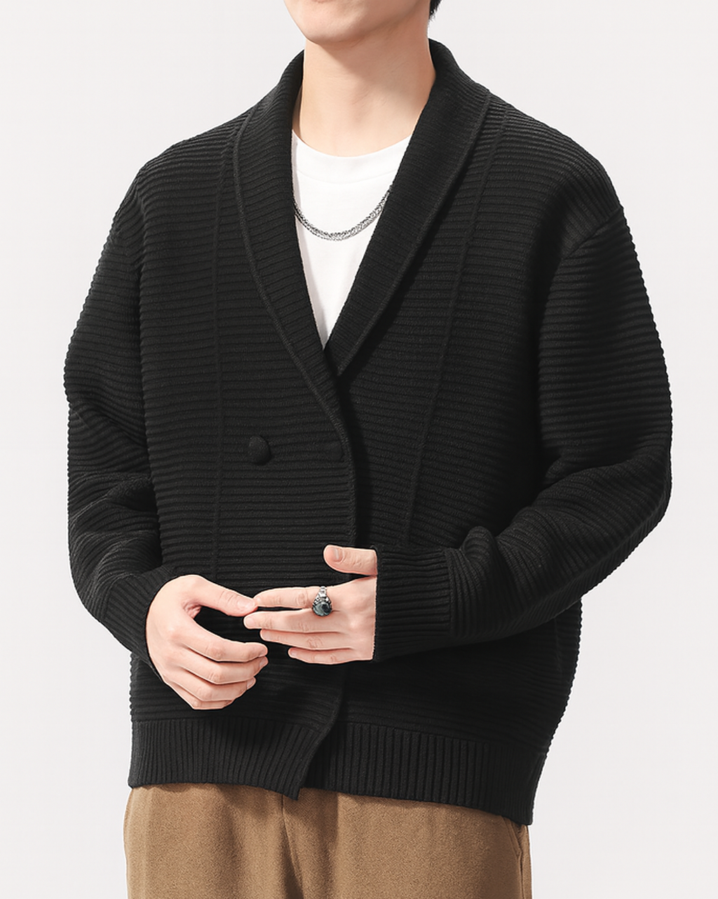 Reid Men’s Cardigan Sweater – Double-Breasted Knit with Ribbed Texture