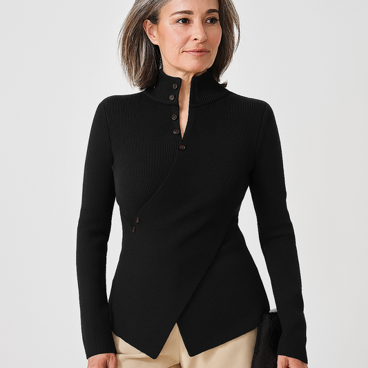 Mireille Women’s Knit Sweater – Black V-Neck with Sculpted Silhouette