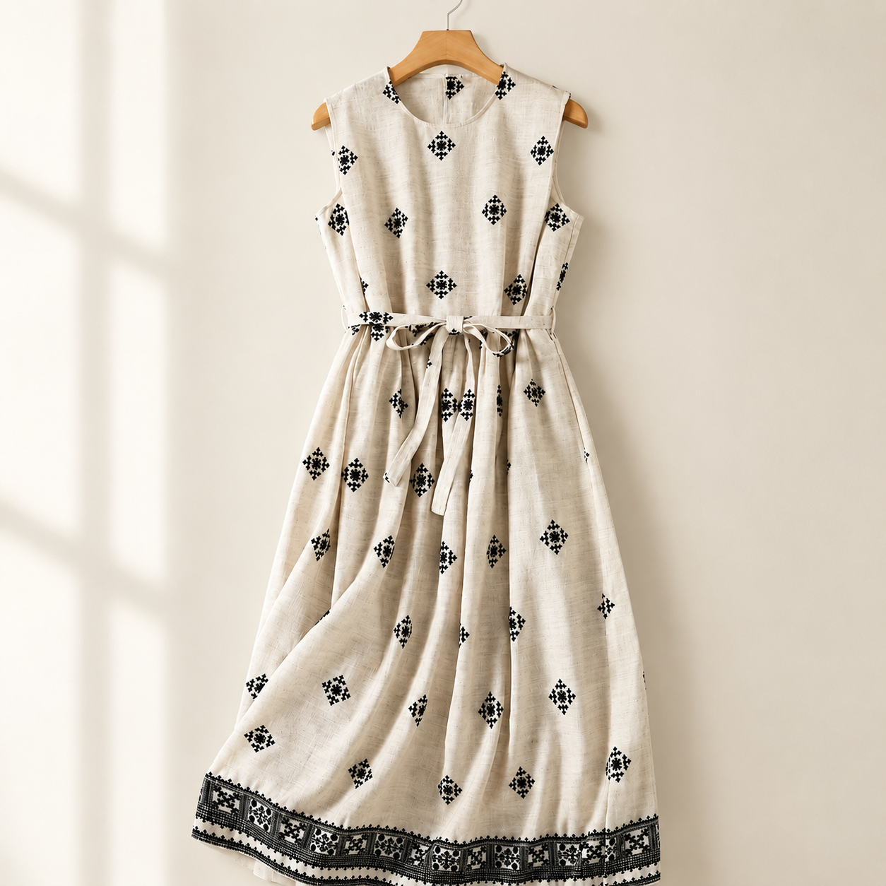 Adeline Cotton Linen Midi Dress – Embroidered Waist Tie Casual Dress