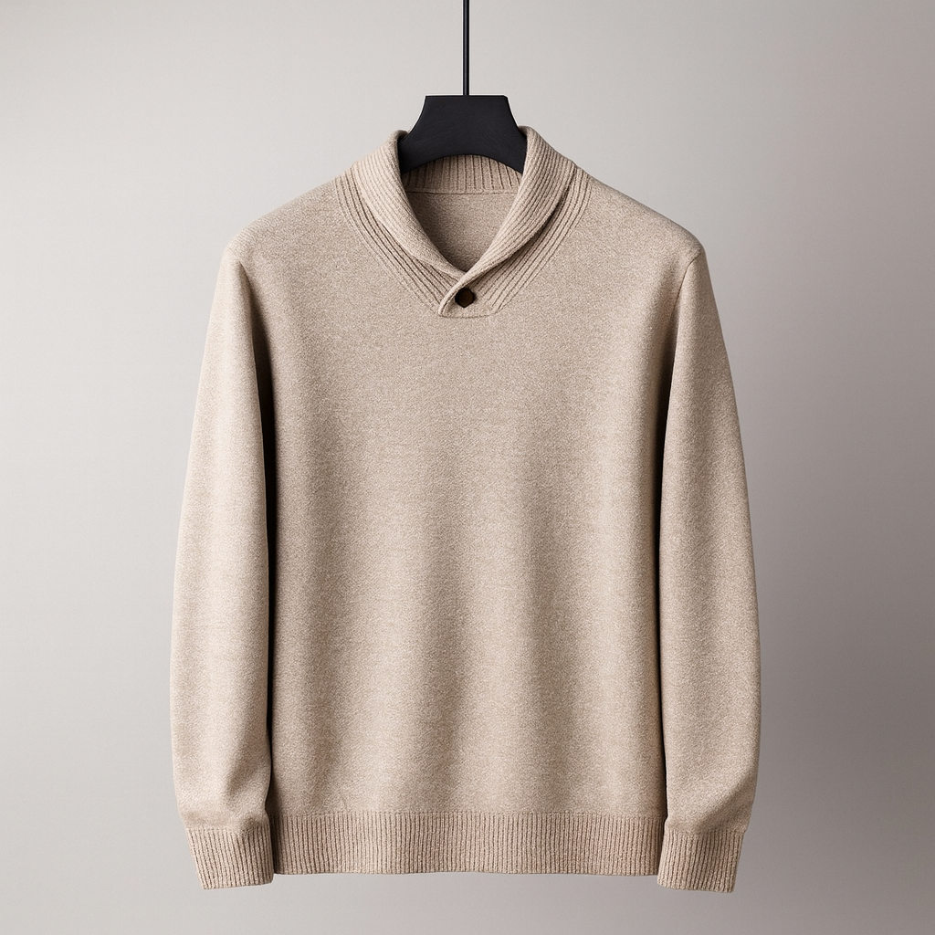 Leon Men’s Merino Wool Sweater – Ribbed Shawl Collar Knit Pullover