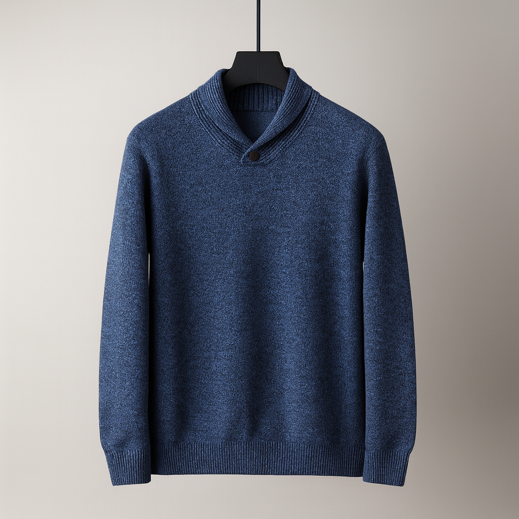 Leon Men’s Merino Wool Sweater – Ribbed Shawl Collar Knit Pullover