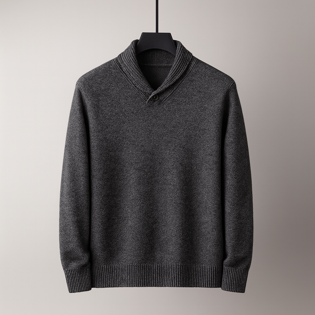 Leon Men’s Merino Wool Sweater – Ribbed Shawl Collar Knit Pullover