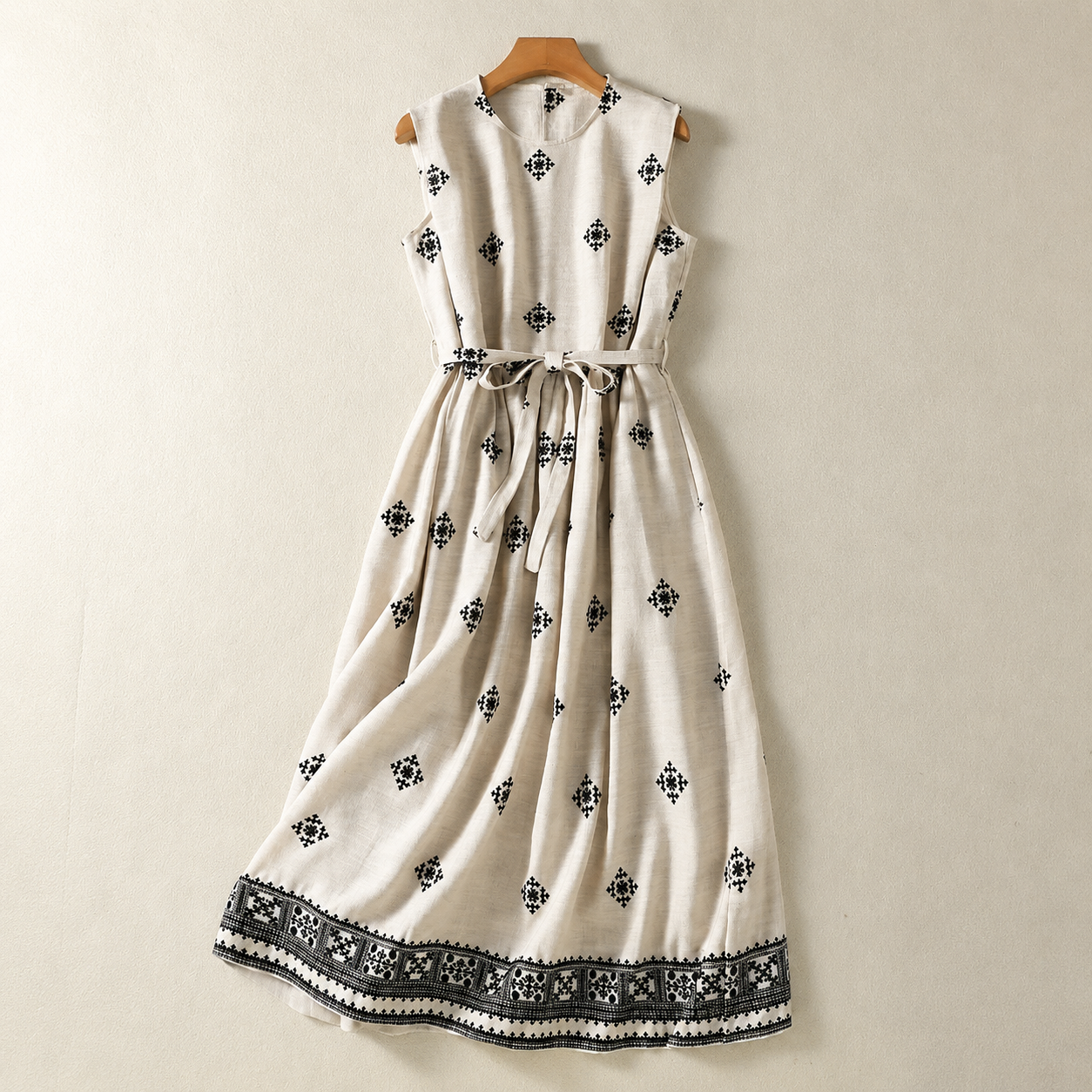 Adeline Cotton Linen Midi Dress – Embroidered Waist Tie Casual Dress