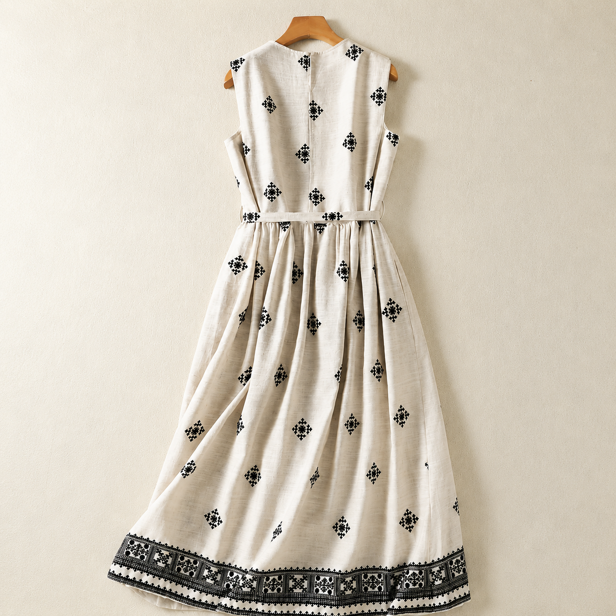 Adeline Cotton Linen Midi Dress – Embroidered Waist Tie Casual Dress