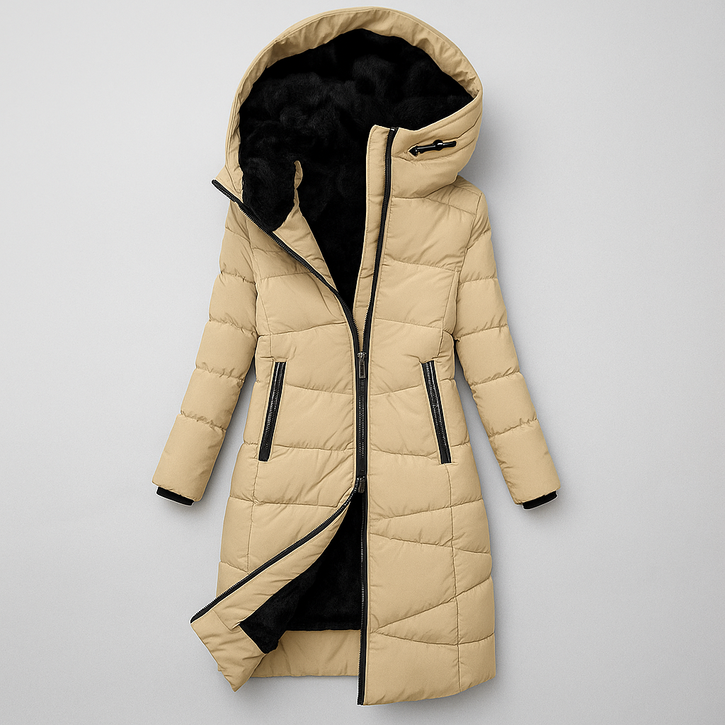 Marbella Women’s Long Quilted Coat – Plush Hooded Winter Jacket