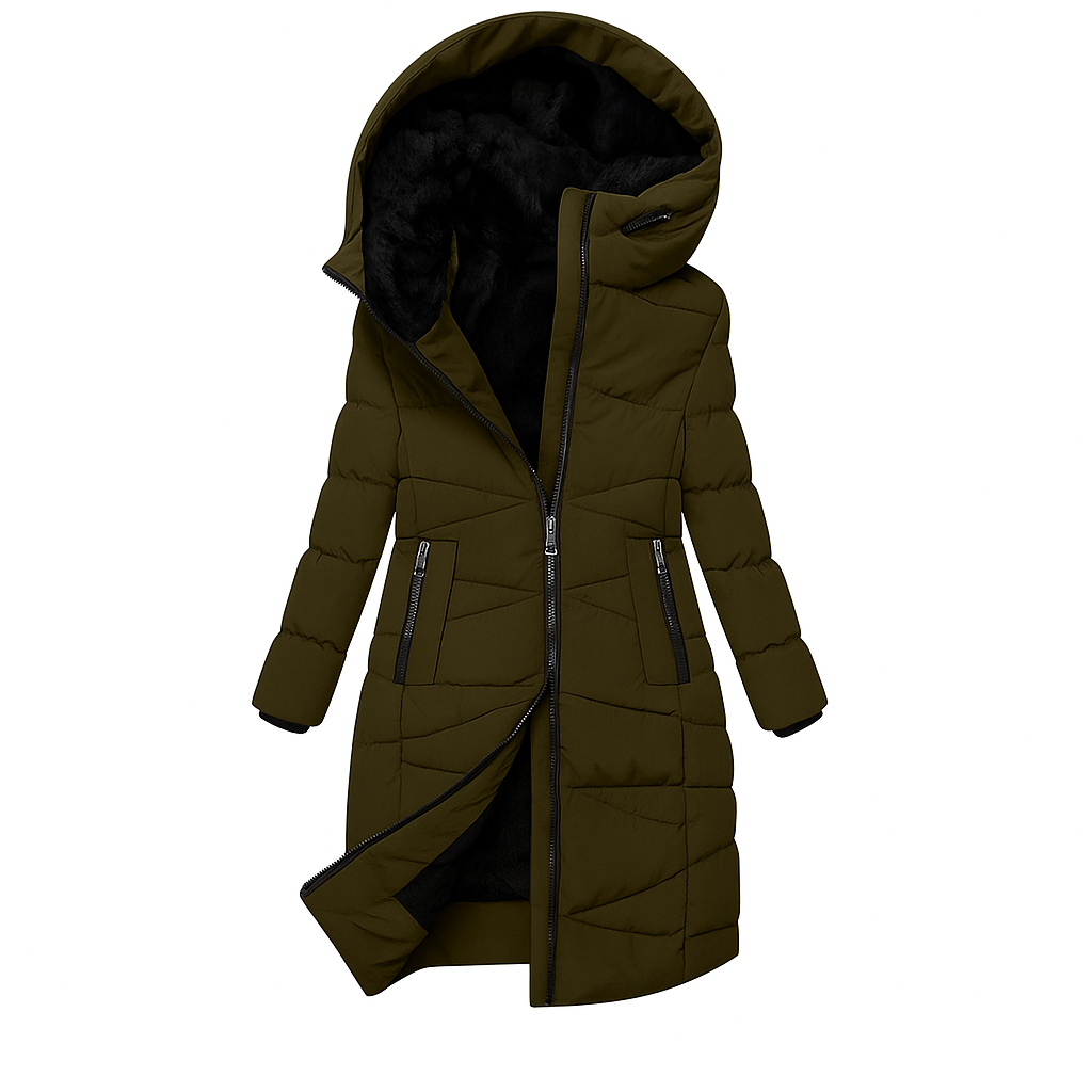 Marbella Women’s Long Quilted Coat – Plush Hooded Winter Jacket