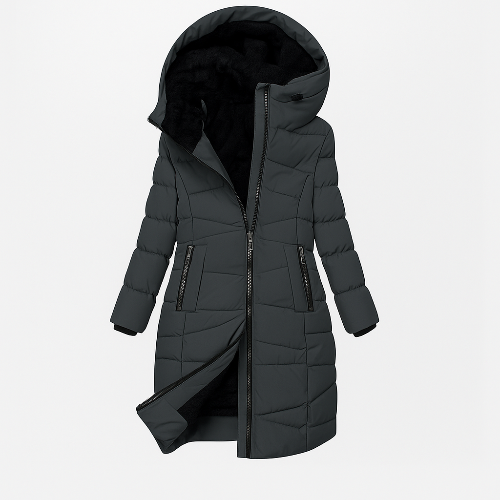 Marbella Women’s Long Quilted Coat – Plush Hooded Winter Jacket