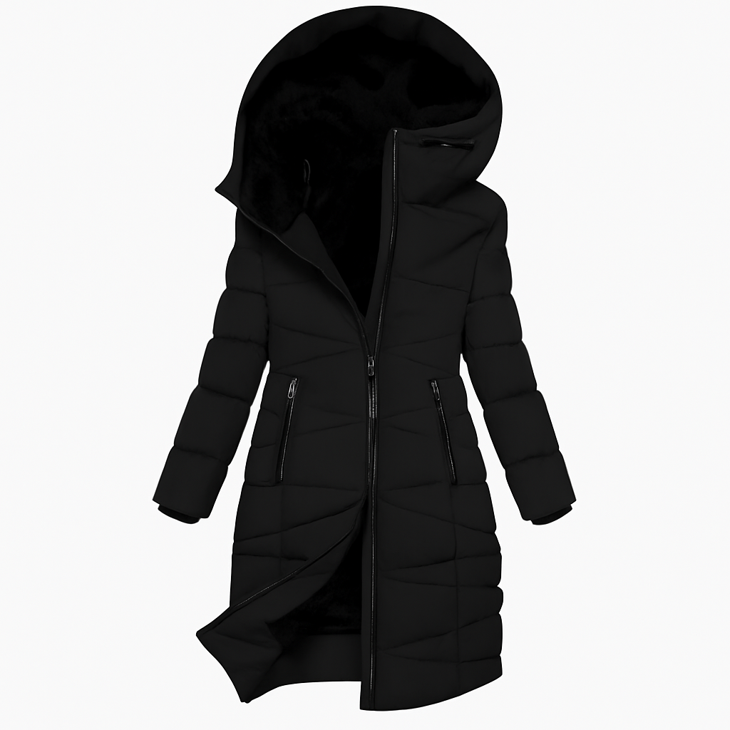 Marbella Women’s Long Quilted Coat – Plush Hooded Winter Jacket