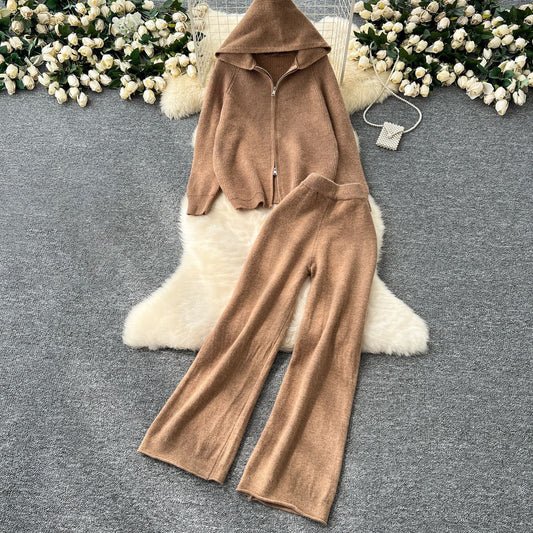 Anna Women’s Lounge Set – Polyester Blend Hooded Sweater & Wide-Leg Pants
