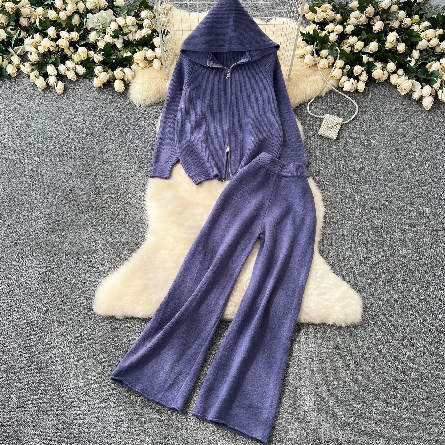 Anna Women’s Lounge Set – Polyester Blend Hooded Sweater & Wide-Leg Pants