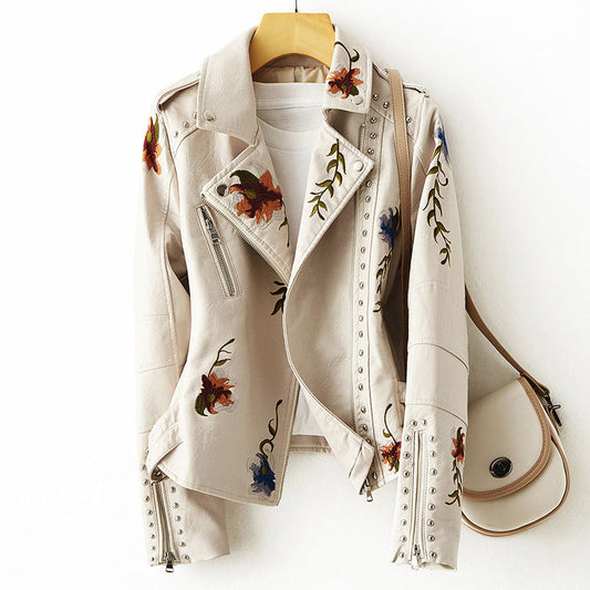 Sofia Vegan Leather Jacket – Women’s Studded Moto Style with Floral Embroidery