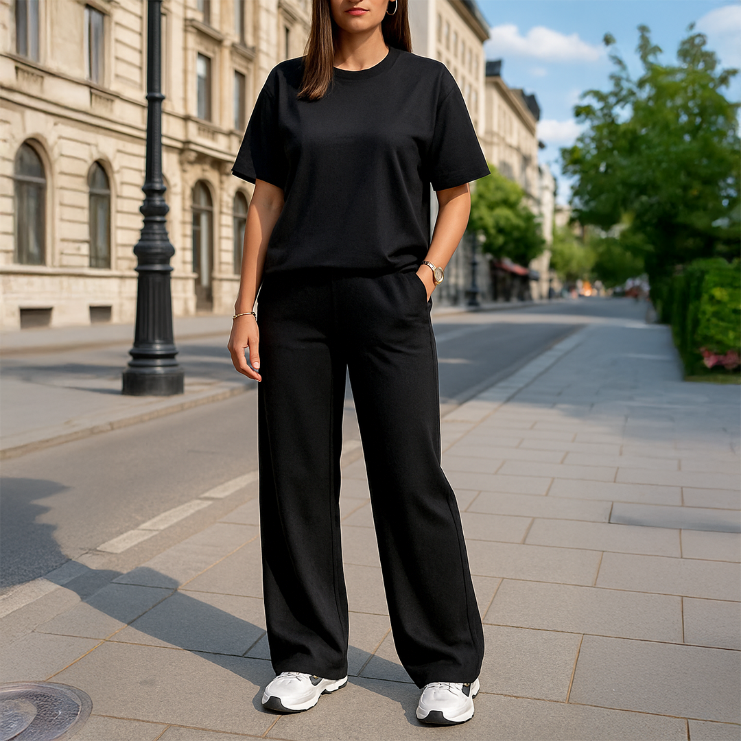 Lena Lounge Set – Short-Sleeve Top & Straight-Leg Pants with Drawstring Waist