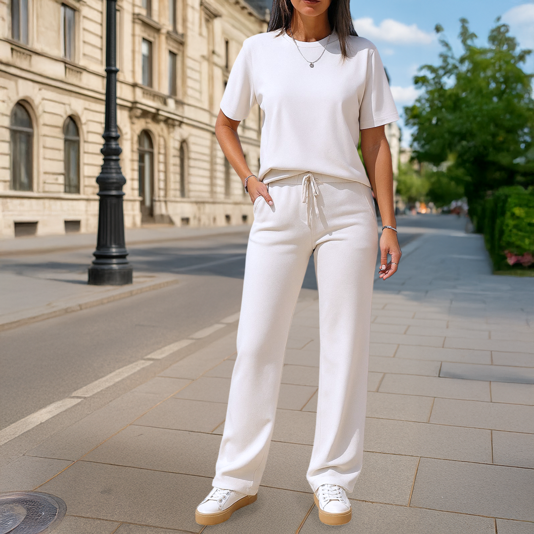Lena Lounge Set – Short-Sleeve Top & Straight-Leg Pants with Drawstring Waist