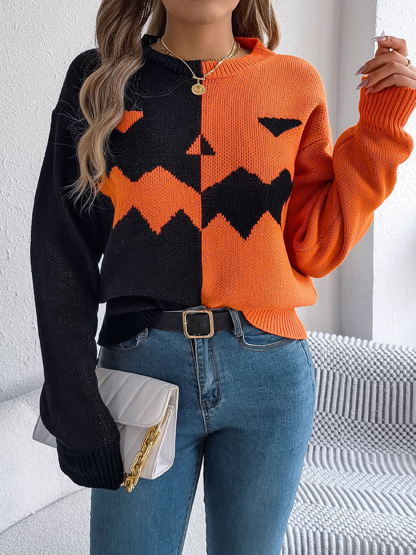Chloe Women’s Knit Sweater – Jack-O’-Lantern Design Jumper