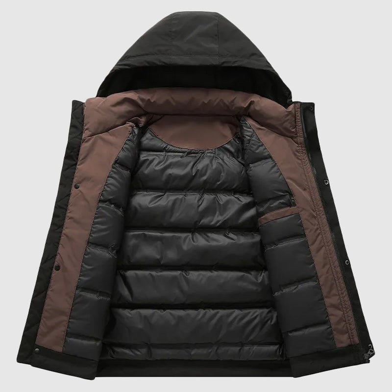 Zoren Men’s Down-Filled Jacket – Detachable Hood & Insulated Broadcloth Design