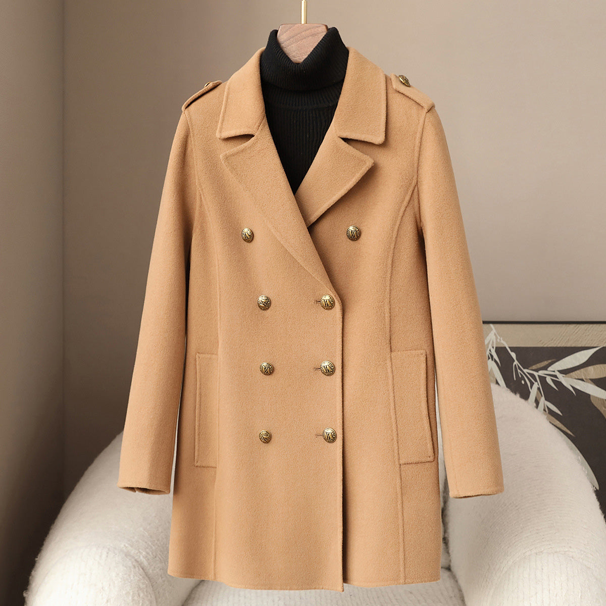 Jesmelita Women’s Wool Cashmere Coat – Double-Breasted Mid-Length Tailored Fit