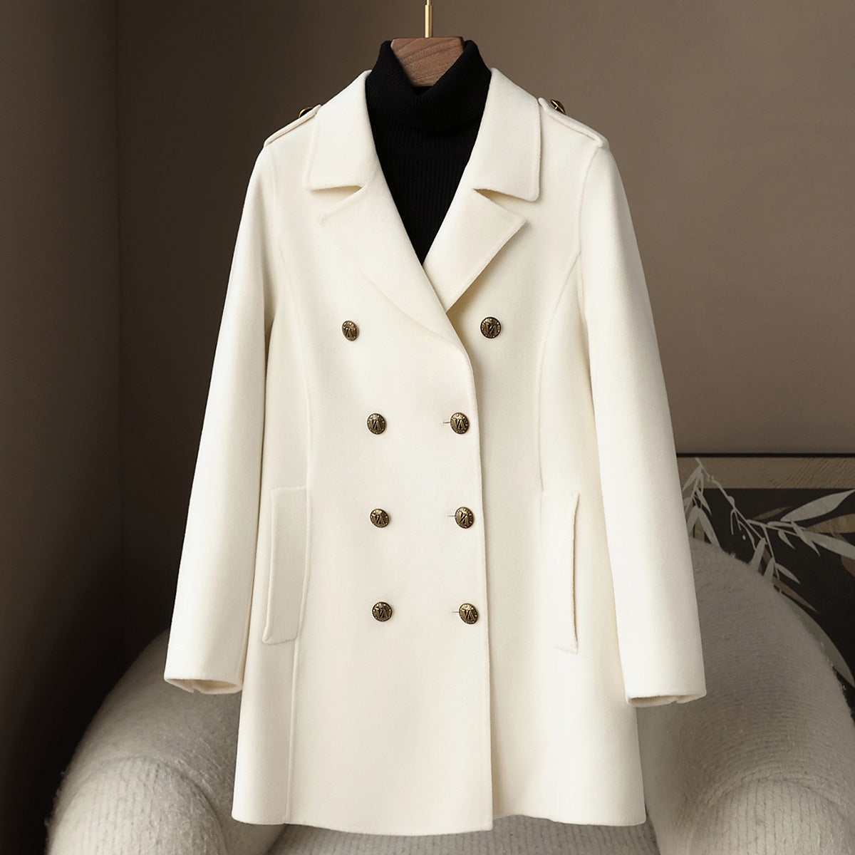 Jesmelita Women’s Wool Cashmere Coat – Double-Breasted Mid-Length Tailored Fit