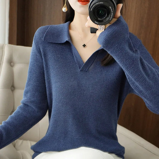 Sofia Knit Polo Sweater – V-Neck Pullover in Soft Ribbed Cotton Blend