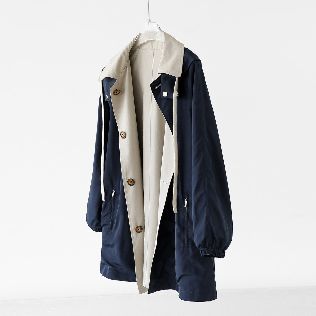 Harper Women’s Hooded Coat – Double-Sided Cotton Blend with Contrast Panels