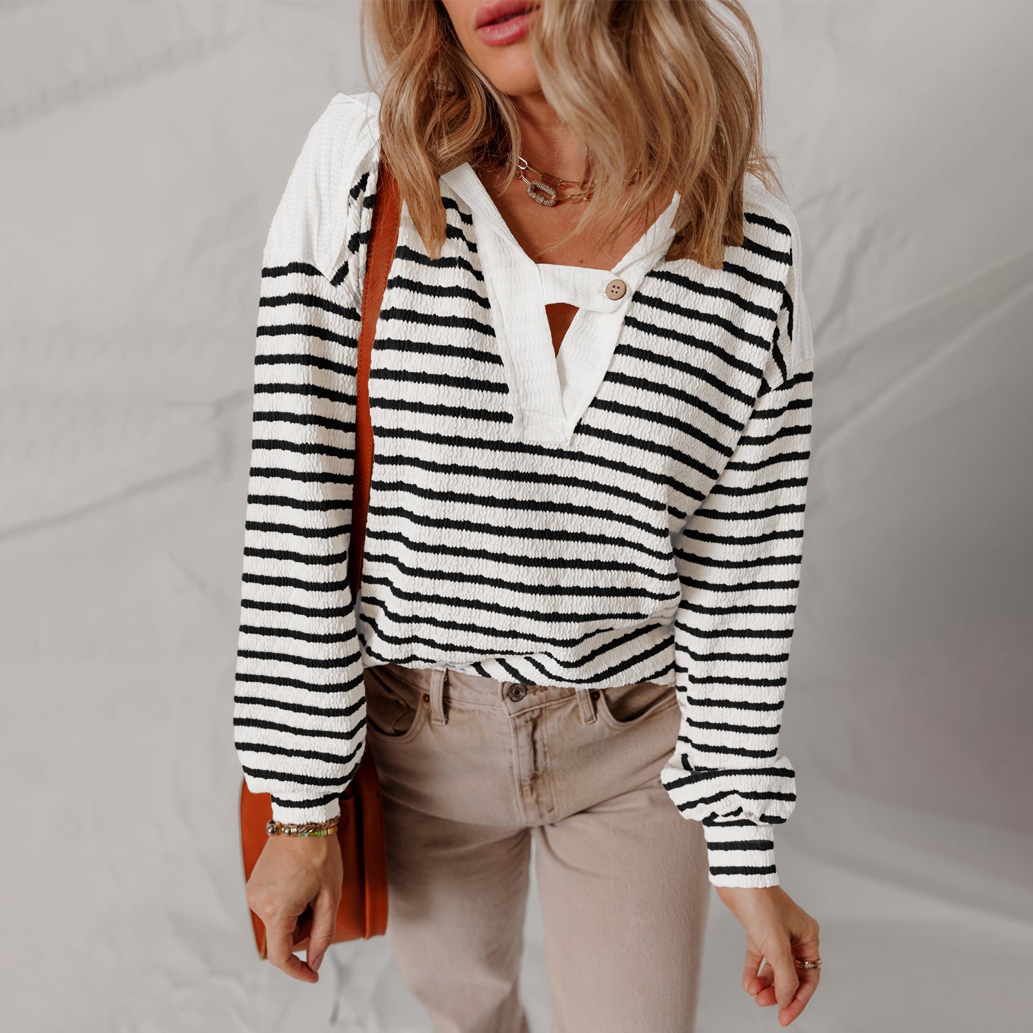 Janeen Women’s V-Neck Sweater – Soft Knit Pullover with Striped Texture