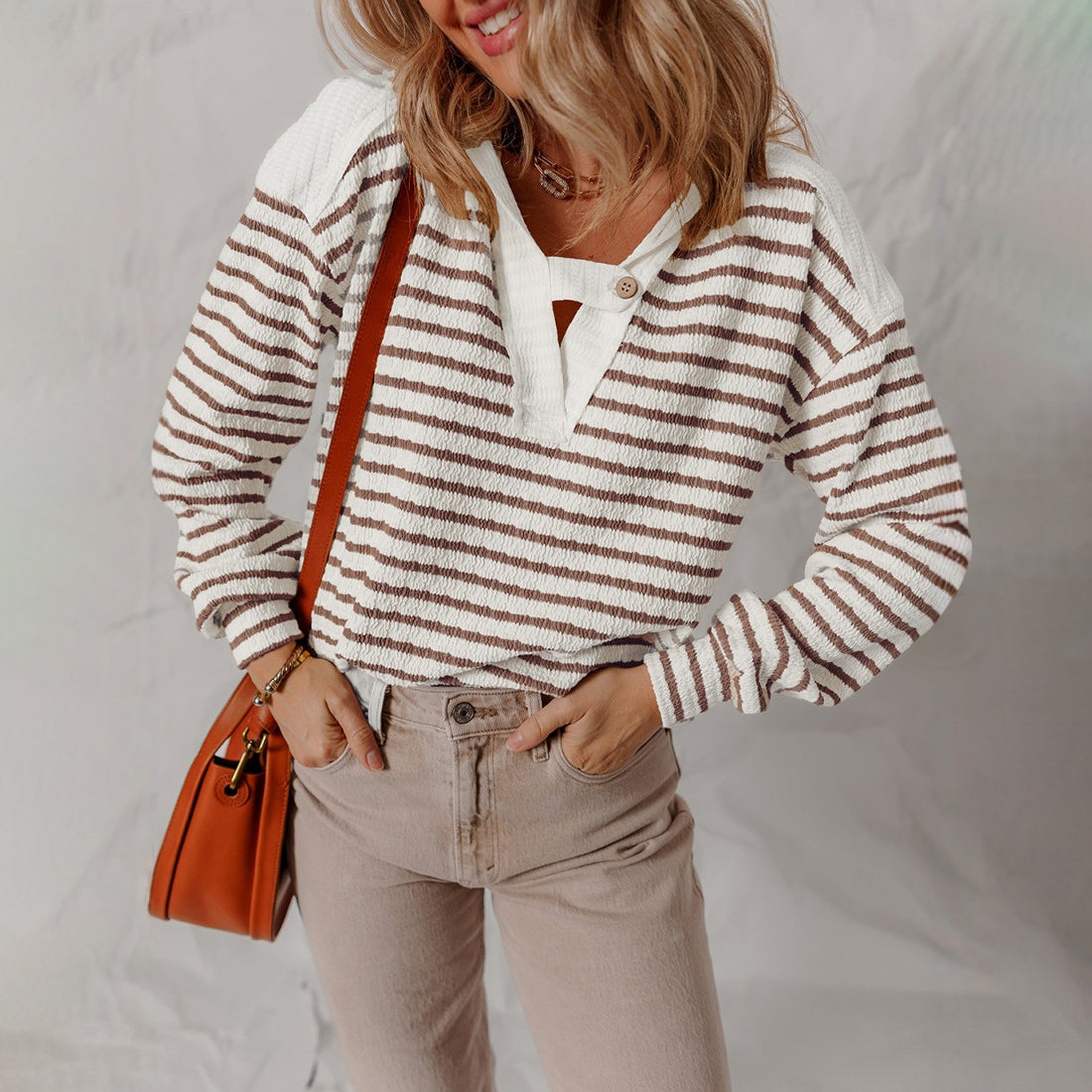 Janeen Women’s V-Neck Sweater – Soft Knit Pullover with Striped Texture