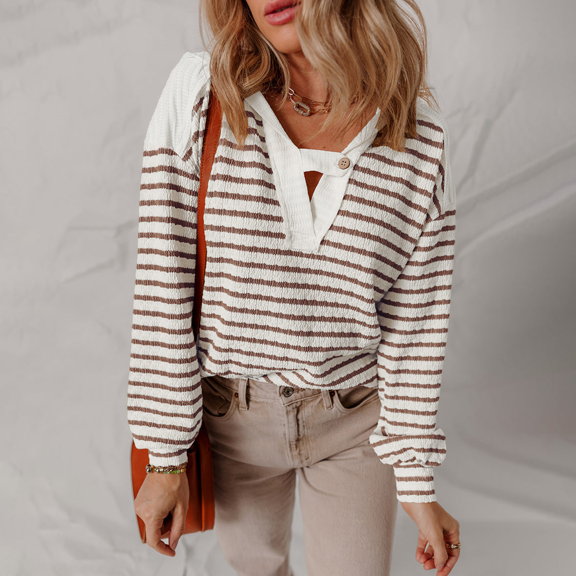 Janeen Women’s V-Neck Sweater – Soft Knit Pullover with Striped Texture